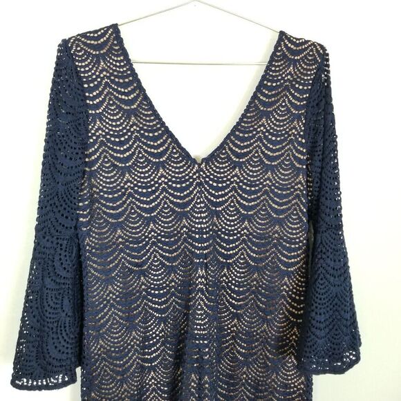 LILLY PULITZER NICOLINE BELL SLEEVE DRESS SCALLOPED SHELL LACE TRUE NAVY SIZE L - Picture 5 of 8